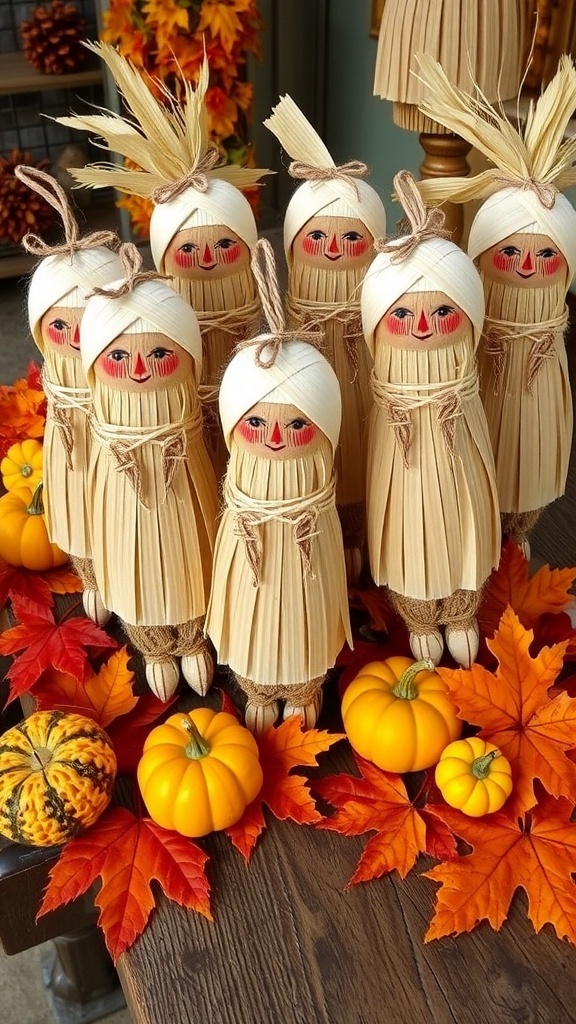 Creative Corn Husk Crafts Corn husk dolls and ornaments on a wooden table with autumn decorations.